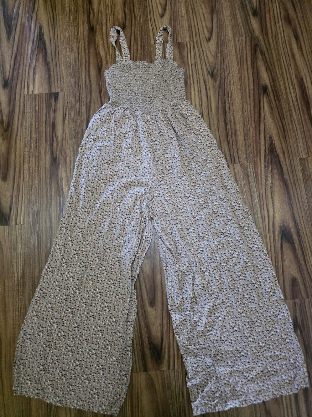 Beige Floral Smocked Wide-Leg Jumpsuit